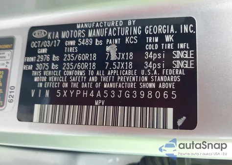 2018 Kia Sorento 3.3L Ex из США, поврежденный, VIN 5XYPH4A53JG398065